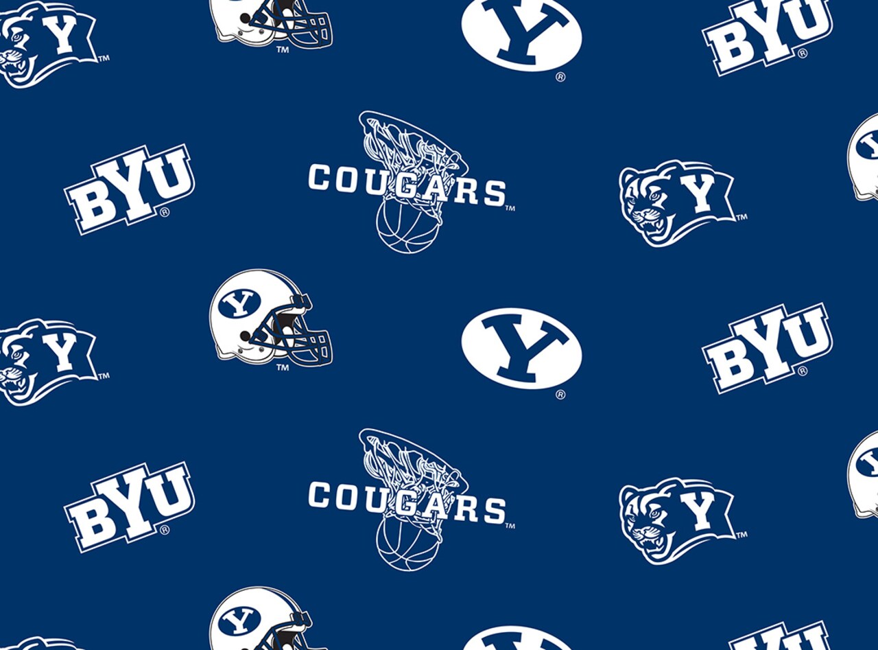 Sykel Enterprises-Brigham Young University Fleece Fabric-Brigham Young BYU Cougars All Over Fleece Blanket Fabric-Sold by the yard